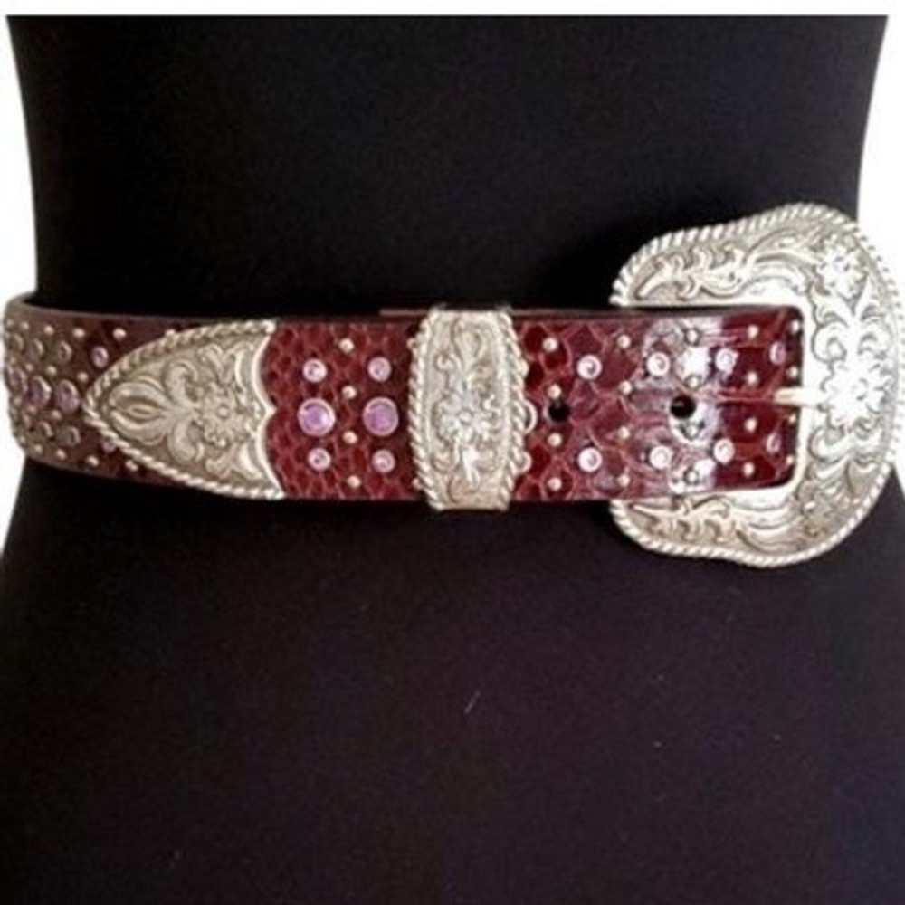Ariat Burgundy Leather Belt 26 Lavender Crystal Reptile Print Silver Tone Buckle
